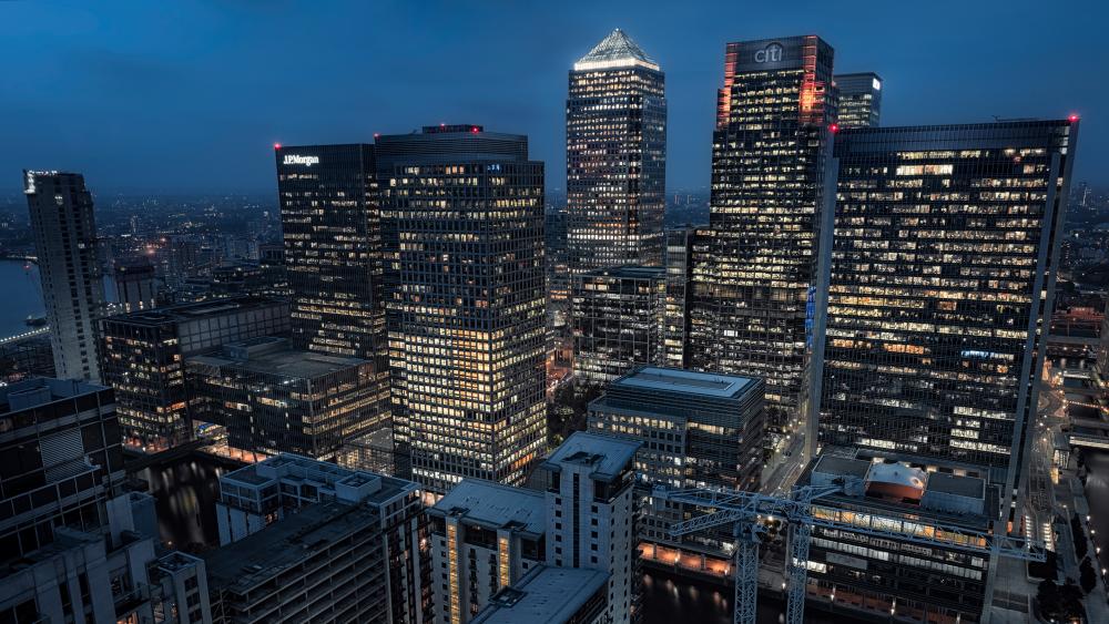 Canary Wharf skyscapers at night wallpaper