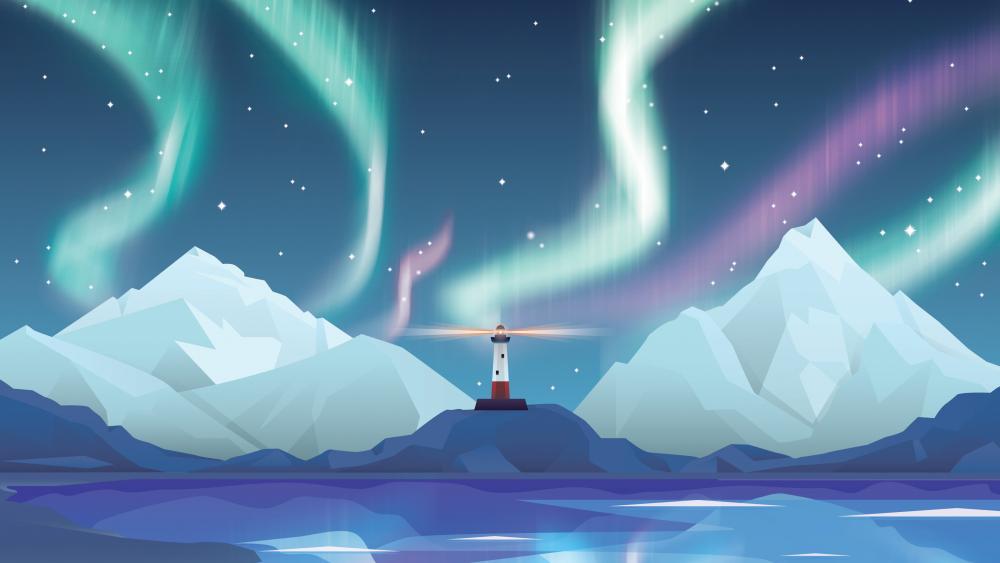 Lighthouse and polar lights graphics wallpaper