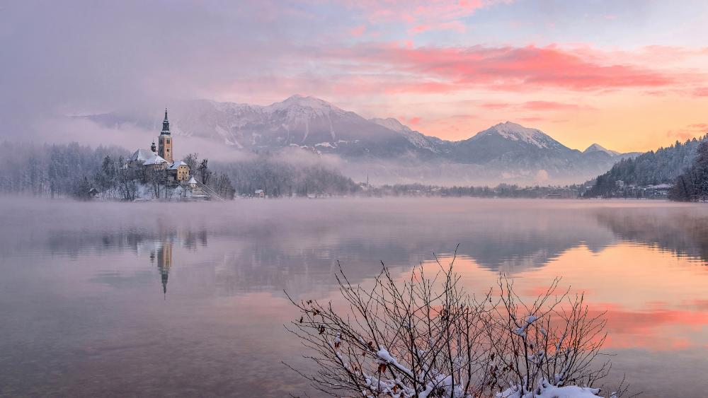 Mariinsky church reflected in the Lake Bled wallpaper