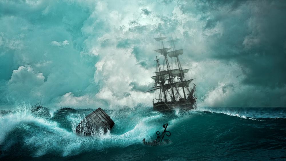 Ghostly Galleon Amidst Tempestuous Seas wallpaper