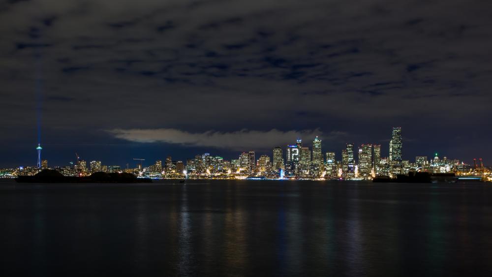 Seattle skyline from Elliott Bay at night wallpaper
