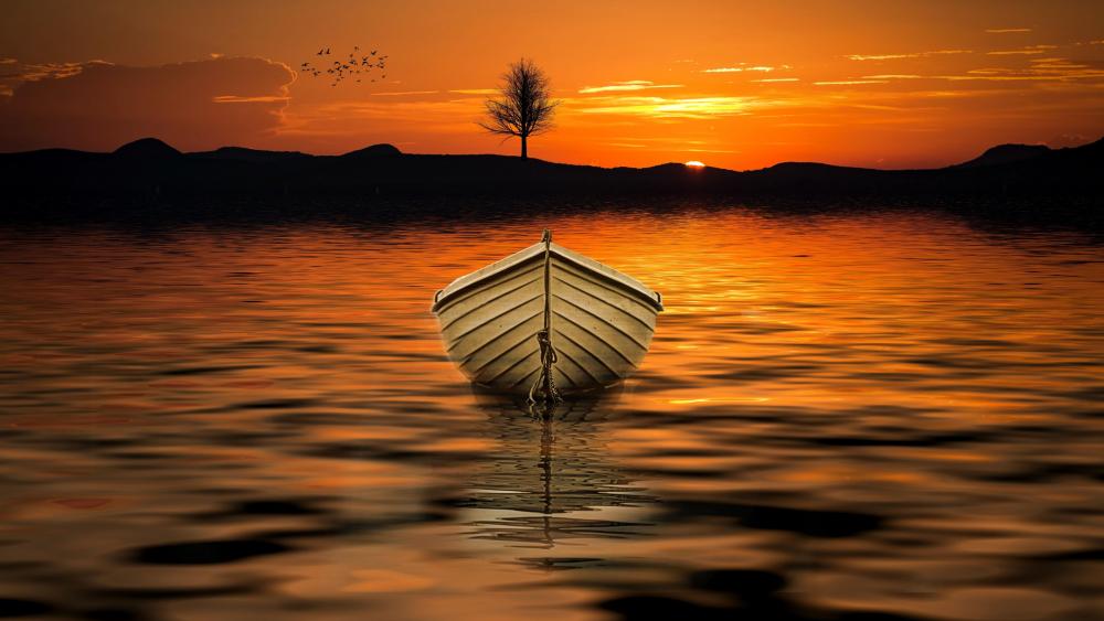 Scenic view of a white boat in the sunset wallpaper
