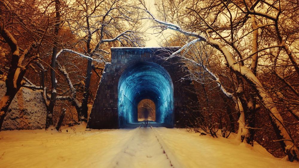 Snowy tunnel rails wallpaper