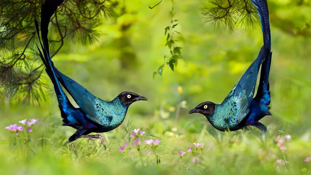Long-tailed glossy starlings wallpaper