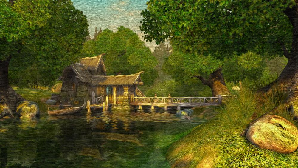Forest house oil painting in canvas wallpaper