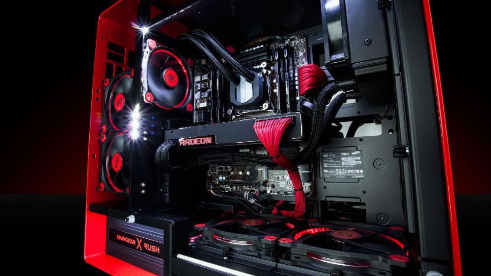 High-Tech Red Gaming Rig wallpaper
