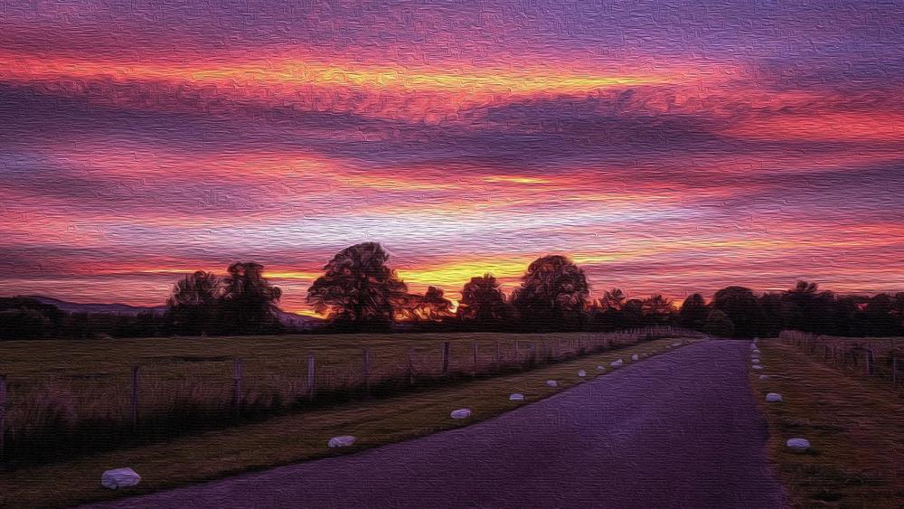 Country road at sunset - Painting art wallpaper