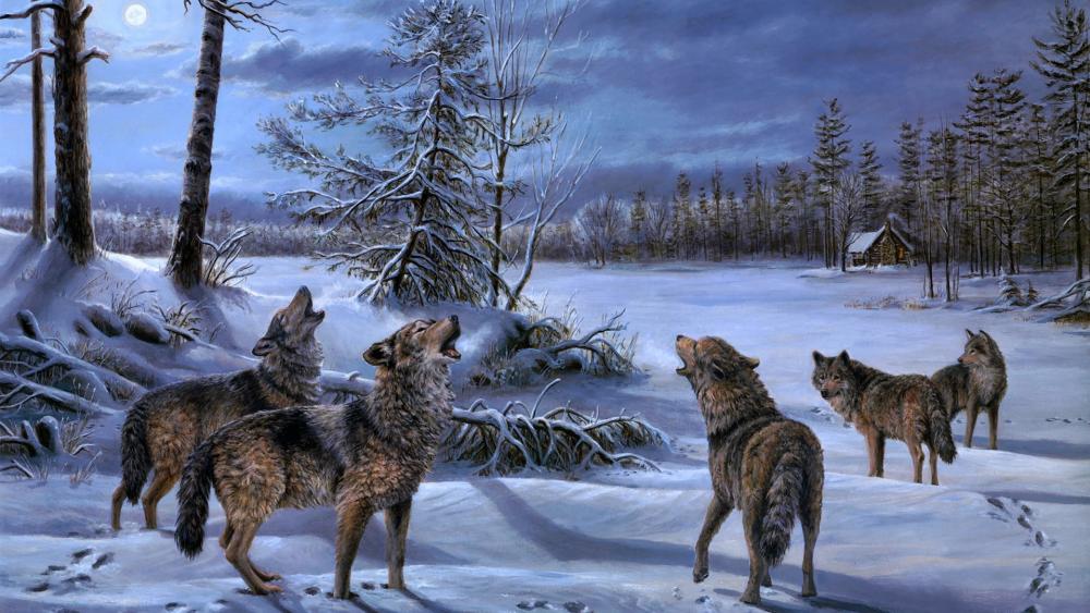 Howling wolves painting wallpaper