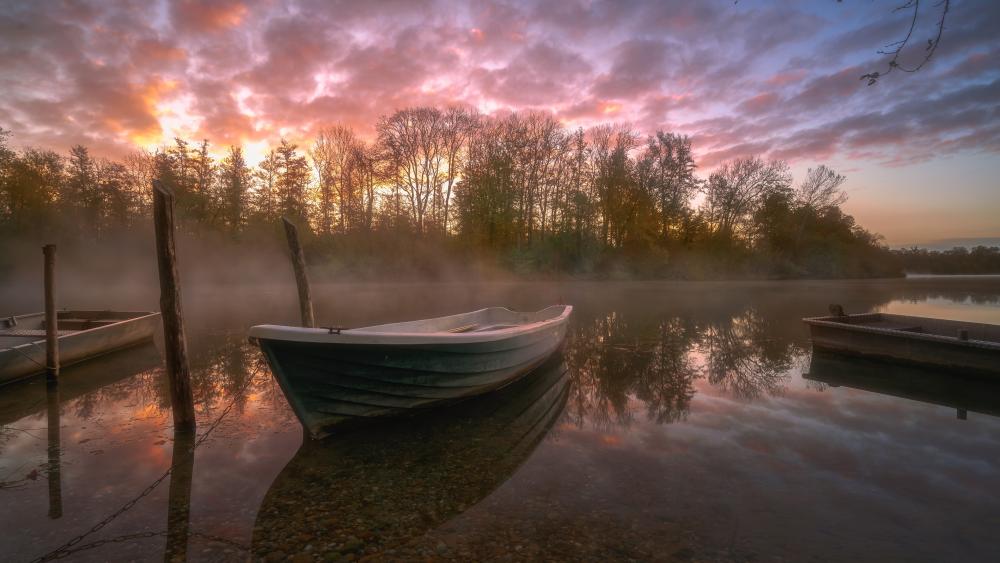Rowing boat on a misty lake wallpaper