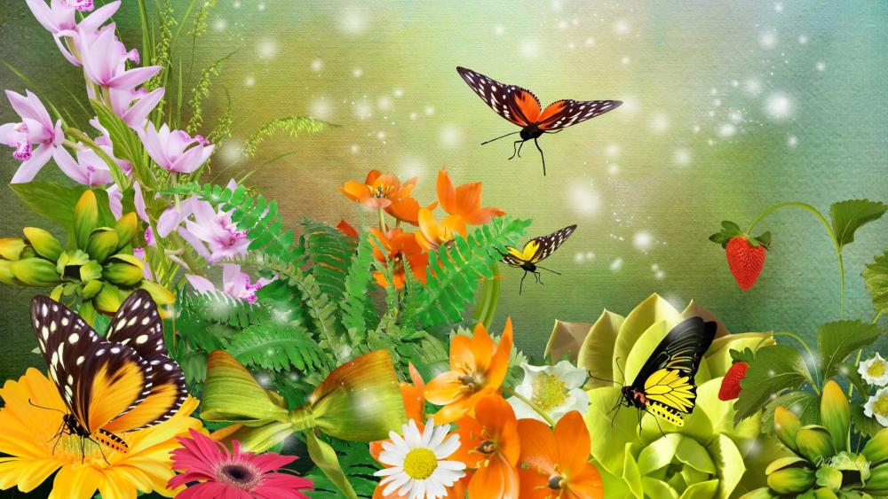 Butterflies in the flower garden - Fantasy art wallpaper