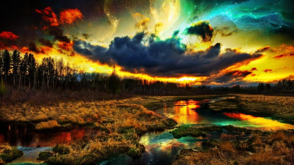 Colourful sky SciFi landscape wallpaper