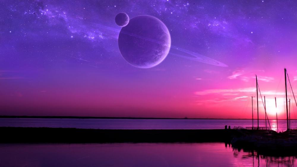 Purple space and water fantasy art wallpaper