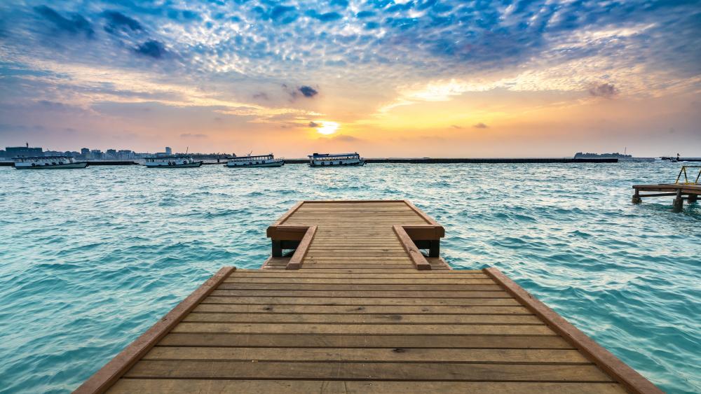 Wooden jetty at sunset wallpaper