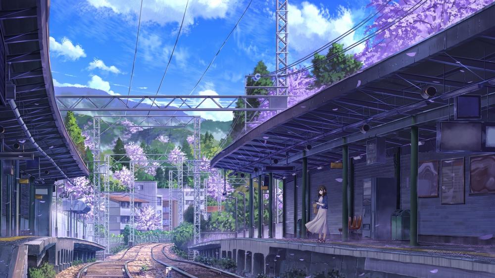 Tranquil Train Station in Springtime Anime Scene wallpaper