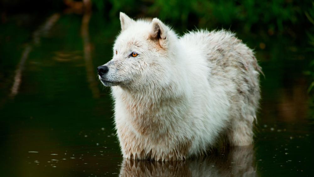 White wolf in the water wallpaper