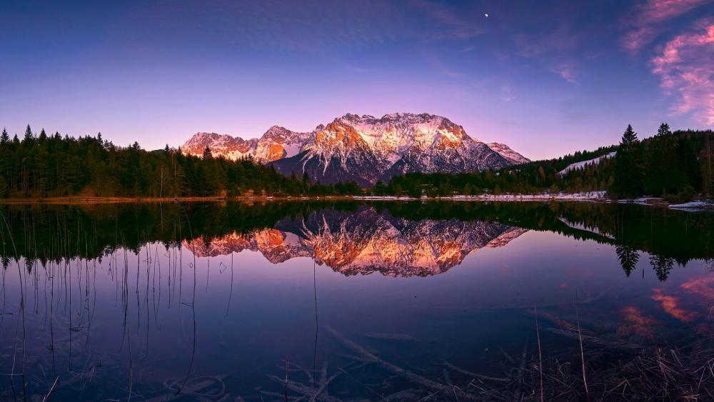 Beautiful dawn reflected in the mountain lake wallpaper