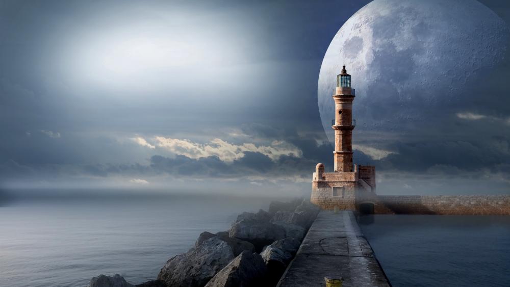 Fantasy lighthouse with a huge moon wallpaper