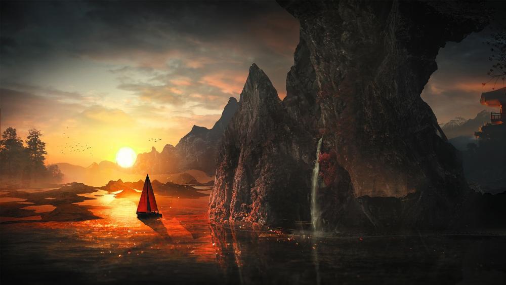 Sailboat in the sunset - Fantasy Landscape wallpaper