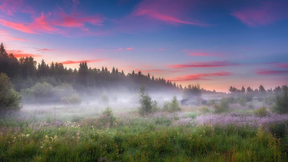 Old barn in the morning mist wallpaper