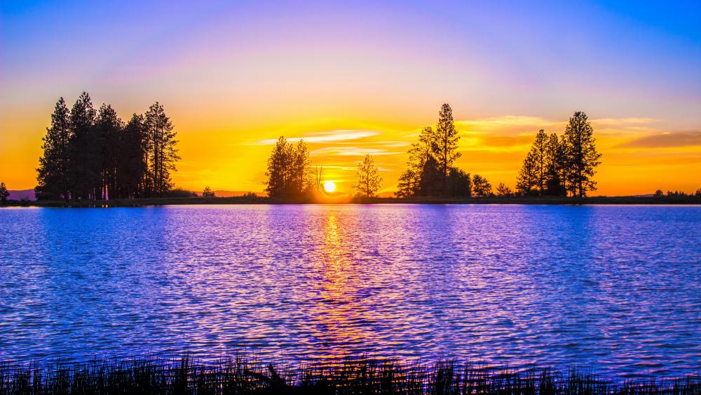 Scenic view of a lake against the sunset wallpaper