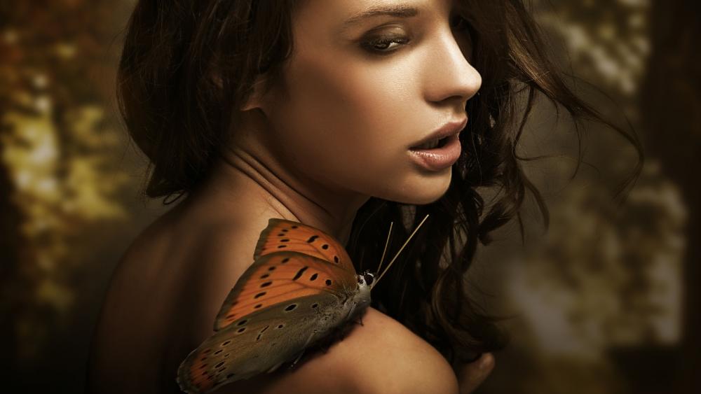 Girl with a butterfly on her shoulder wallpaper