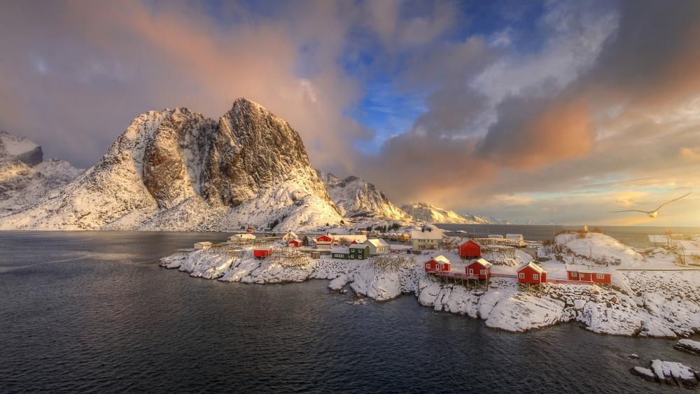 Red houses of Hamnoy (Norway) wallpaper