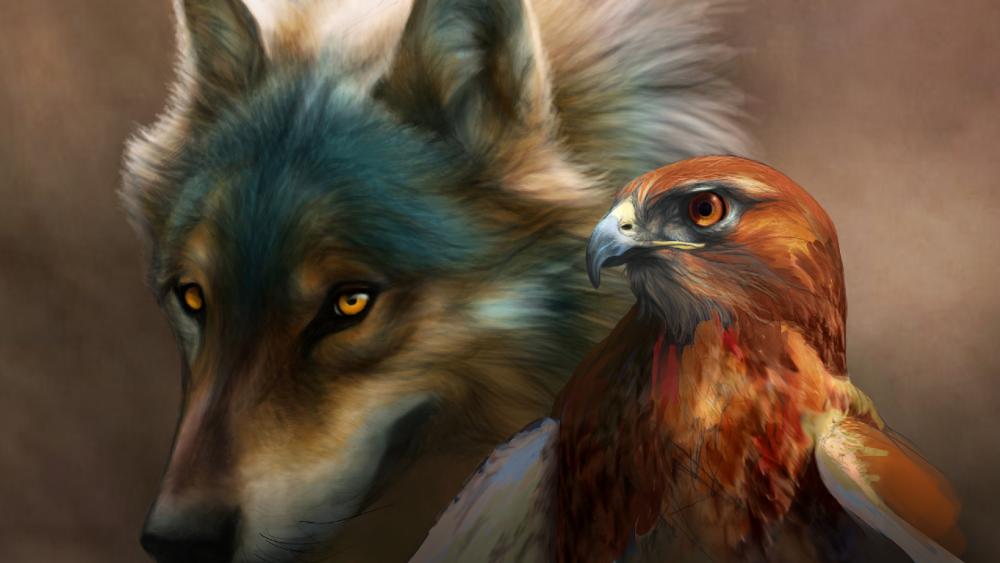 Wolf with hawk drawing wallpaper