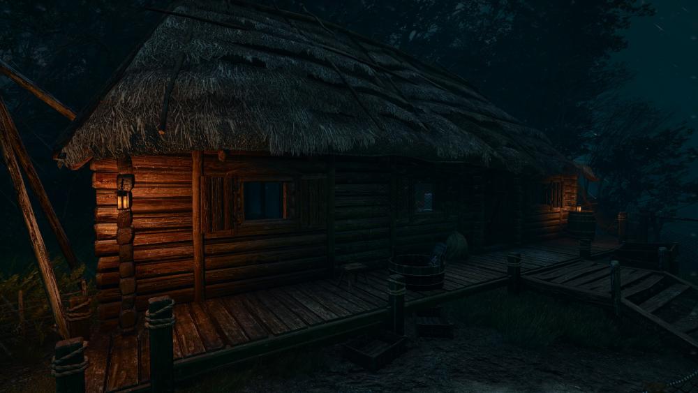 Log cabin in the twilight wallpaper