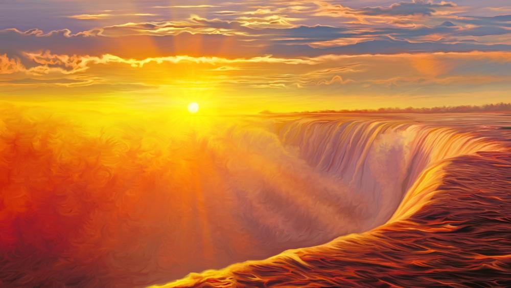 Waterfall in the sunset - Fantasy landscape wallpaper