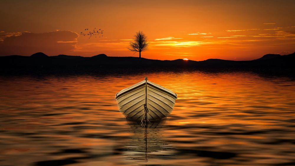 White boat in the sunset wallpaper