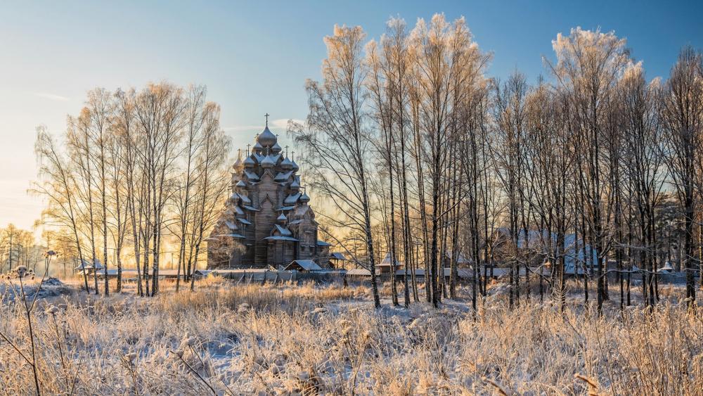 Hoary landscape with a wooden church wallpaper