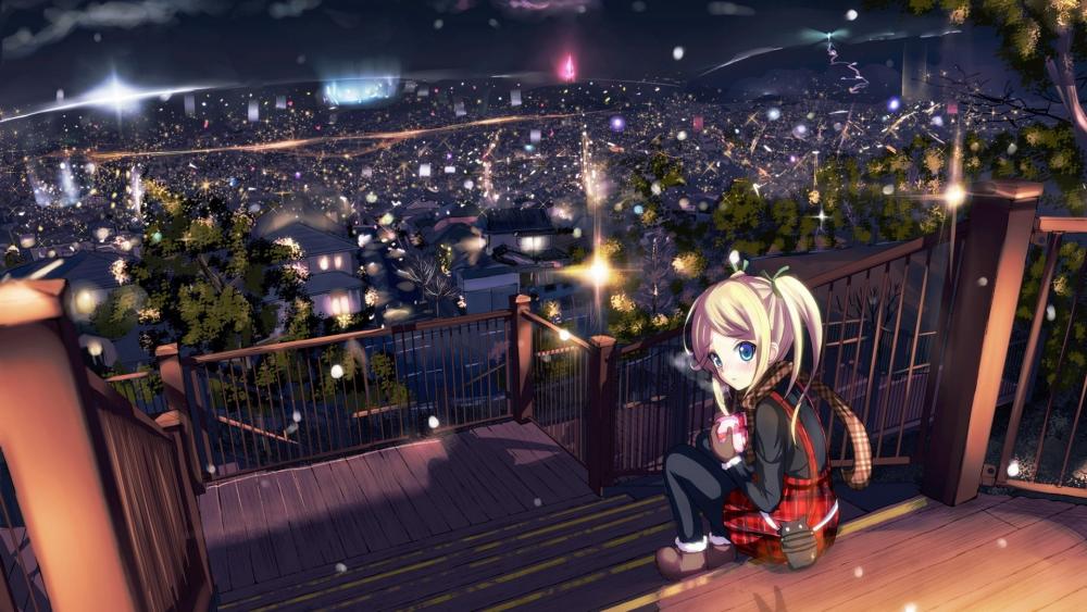 Anime girl sitting on the stairs above the city lights wallpaper