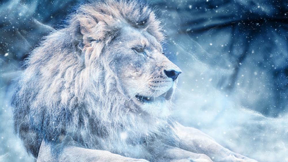 Lion in the snow illustration wallpaper