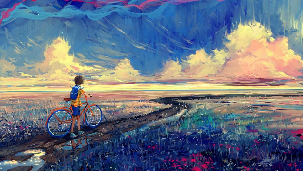 Kid with a bike in the rain - Painting art wallpaper