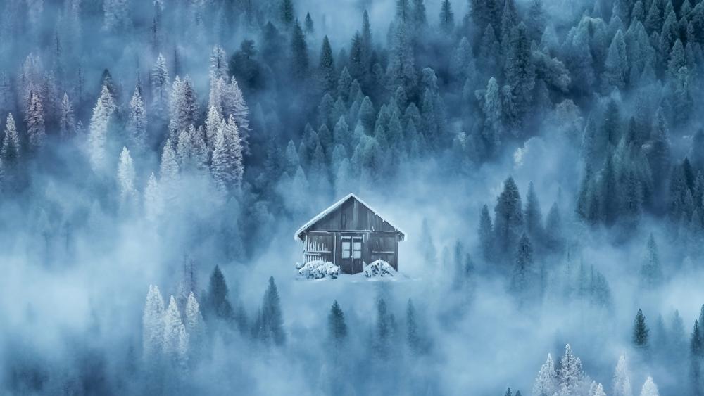 Lone cabin in the mountainside forest wallpaper