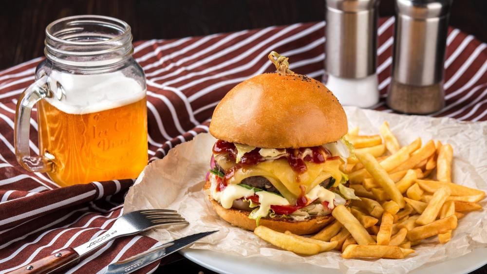 cheeseburger with french fries and beer wallpaper