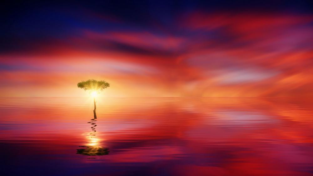 Lone tree in the sunset - Fantasy landscape wallpaper