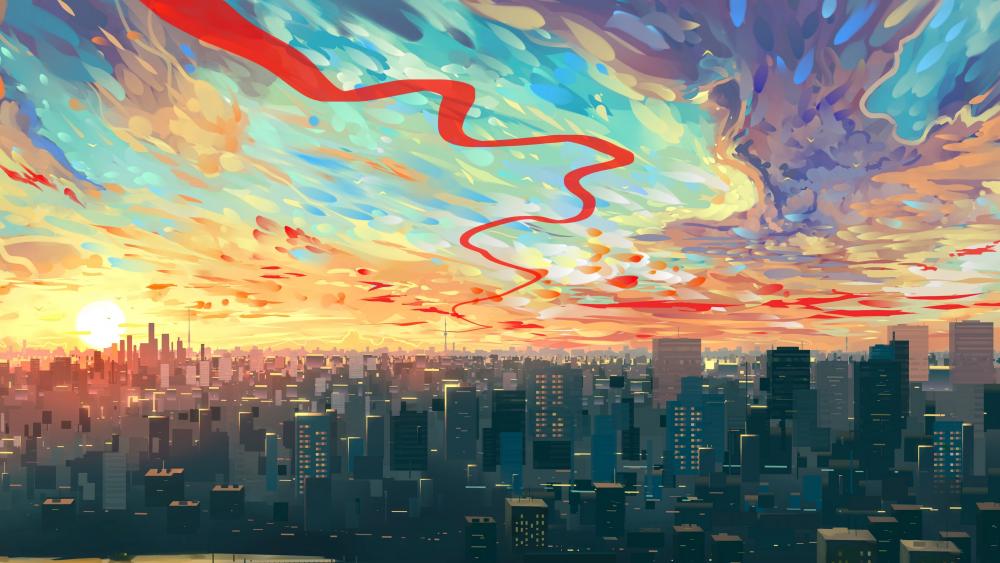 Metropolis at sunset - Modern art wallpaper