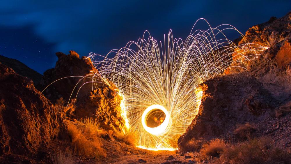 Spinning light trails - Steel wool photography wallpaper