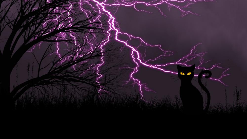 Black cat with lightning stirikes wallpaper