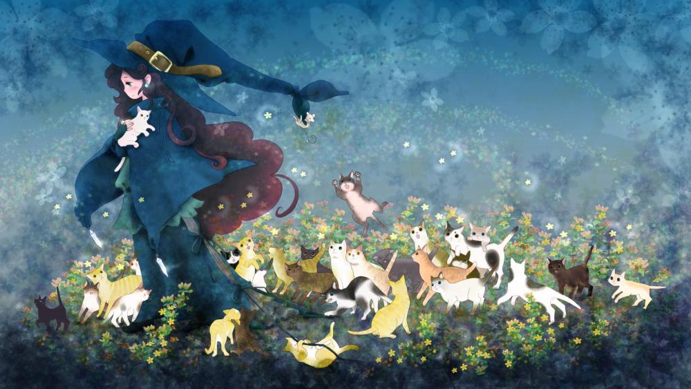 Kawaii witch with cats wallpaper