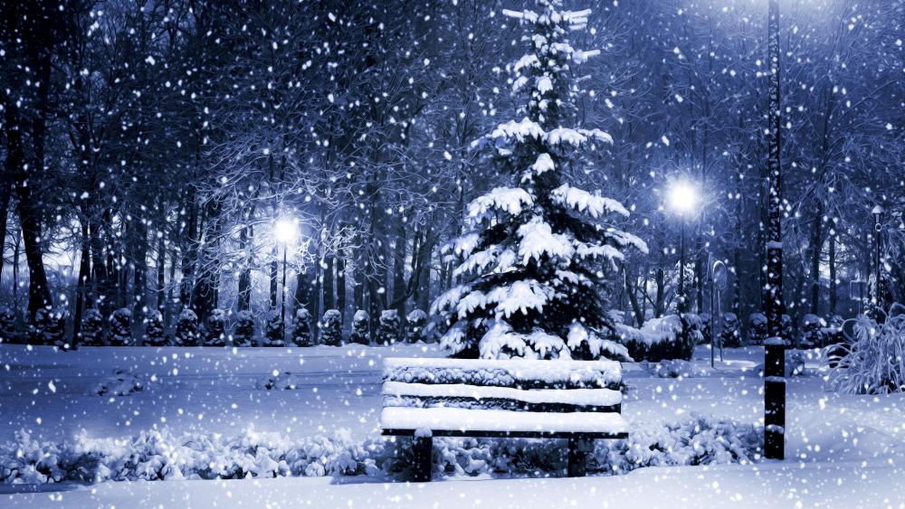 Snowy bench in the park painting effect wallpaper