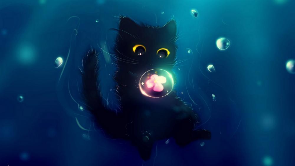 Black kitten with bubbles wallpaper