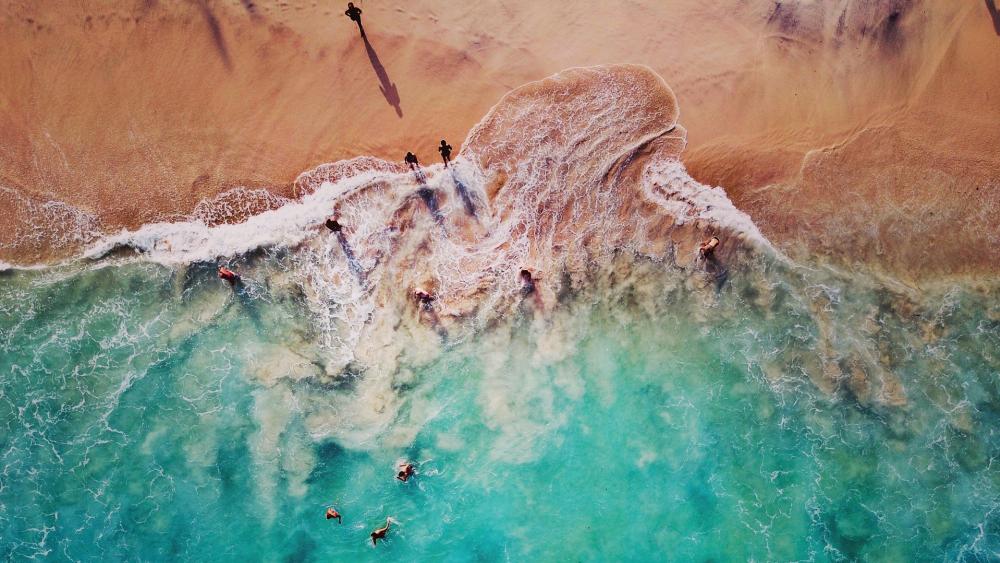 People on the beach - Aerial view wallpaper