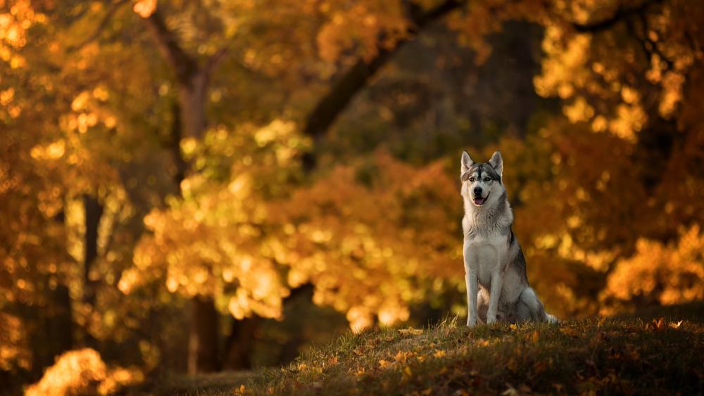 Husky in the fall forest wallpaper