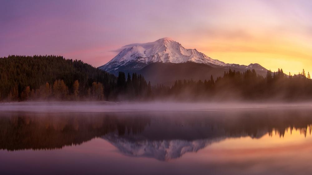 Shasta Lake reflected Mount Shasta wallpaper