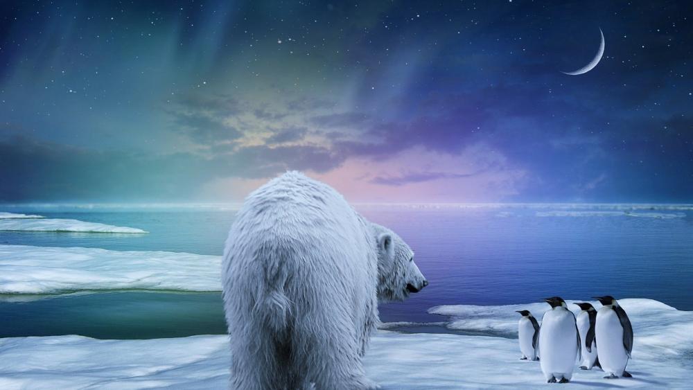 Polar bear and penguins under the northern lights wallpaper