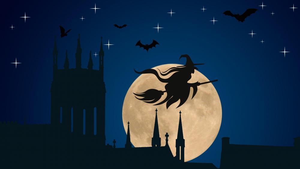 Witch flying on broomstick silhouette wallpaper