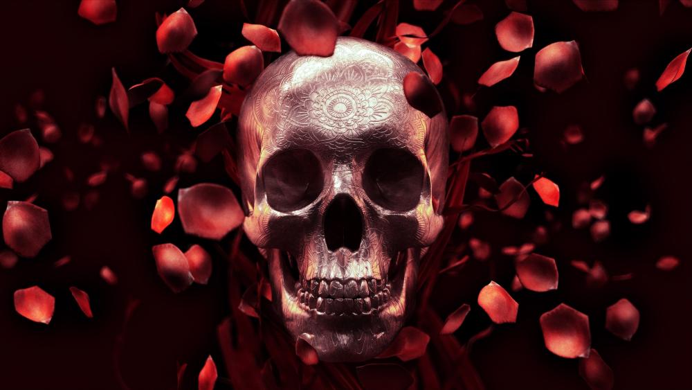 Skull with red rose petals wallpaper
