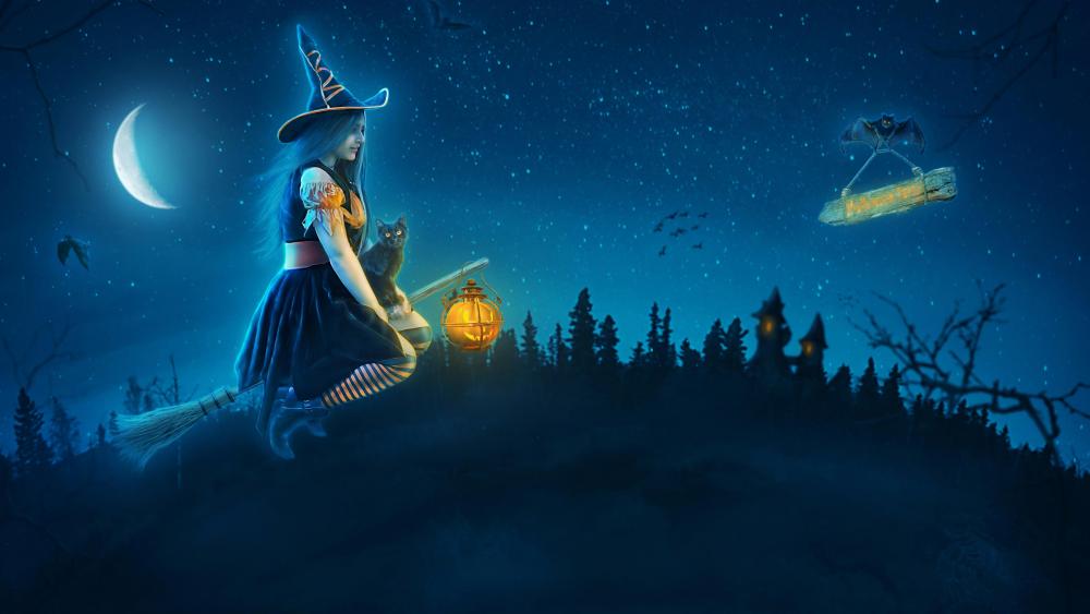 Young witch on a broomstick on Halloween night wallpaper